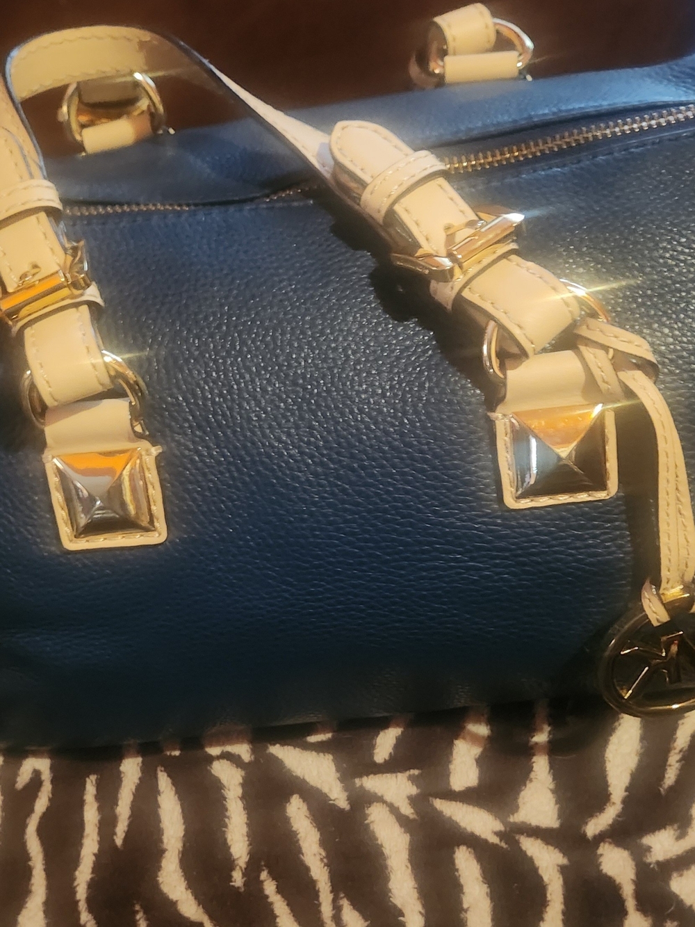 Michael Kors Navy and Cream Pebbled Leather Crossbody with Gold Hardware